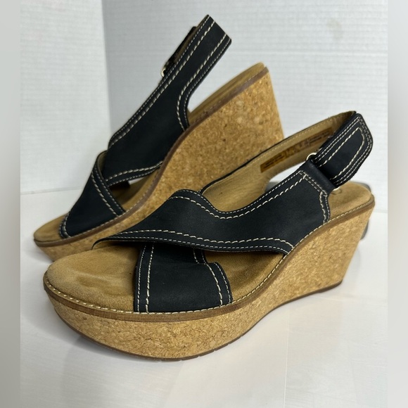 Clarks Shoes - EUC CLARKS Aisley Tulip Wedge Sandal in Black  7.5